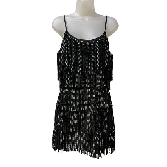 Black Studded Fringe Mini Dress With Adjustable Spaghetti Straps & Back Zipper C - Picture 2 of 8